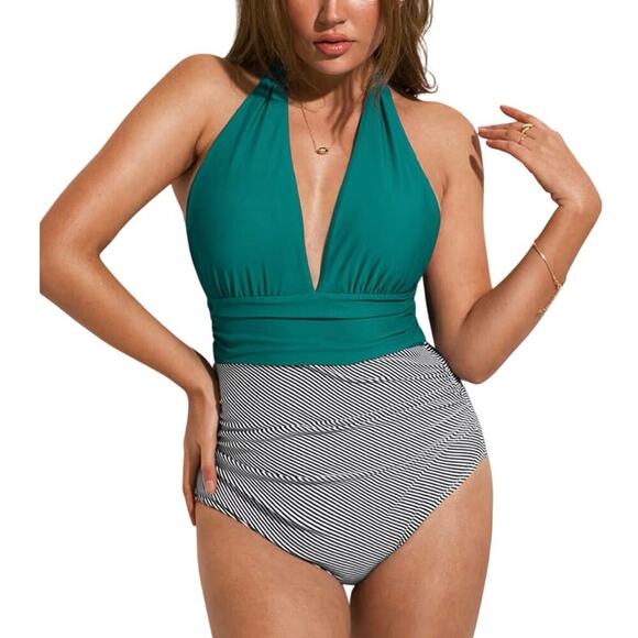 CUPSHE HALTER SWIMMING SUIT ONE PIECE KEEPING YOU ACCOMPANIED STRIPED SZ L BEACH - Picture 4 of 13